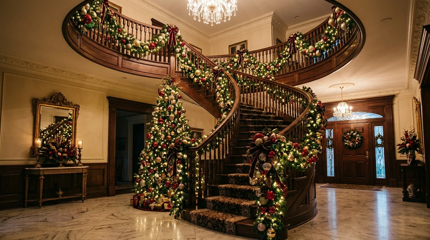 Add bells pinecones or texture to deepen the garland inspiration for a Christmas staircase.